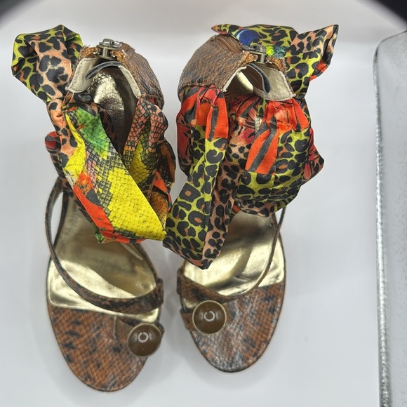 NWT Carlos Falchi Cruz Wedge Sandals 9.5 Multi Animal Print Ribbon Raffia Heel - Picture 8 of 10